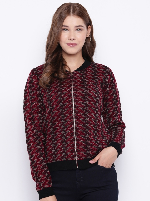 

Madame Women Maroon & Black Self Design Cardigan