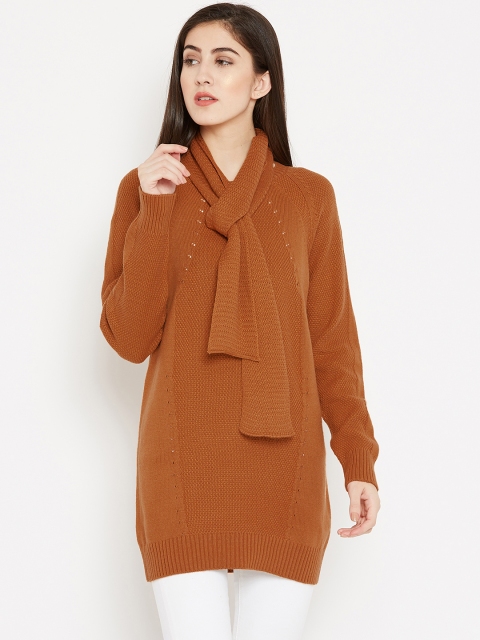 

Madame Women Mustard Brown Solid Longline Pullover with Stole