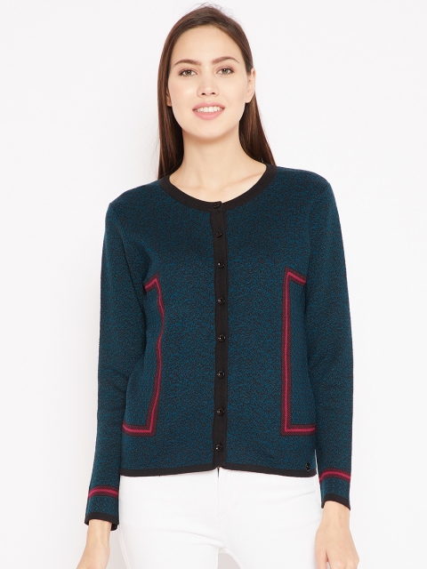 

Madame Women Teal Green & Black Self Design Cardigan