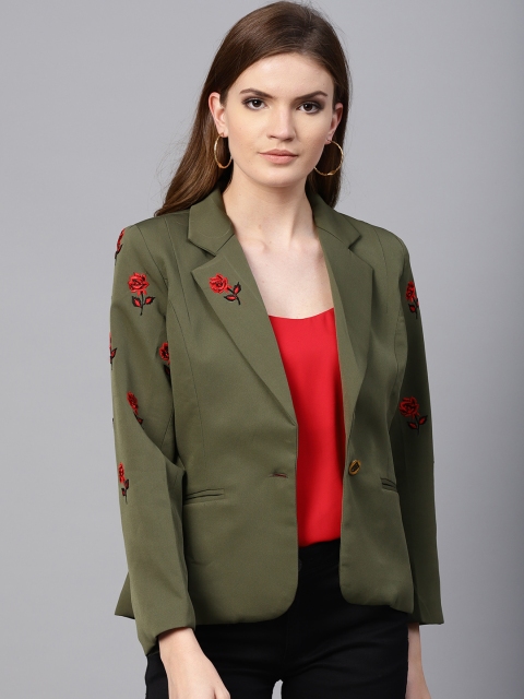 

Zima Leto Women Olive Green Solid Single-Breasted Tailored Fit Casual Blazer