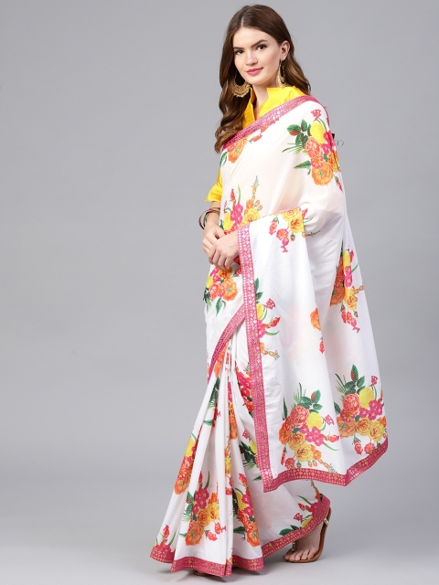

Inddus White & Pink Printed Saree