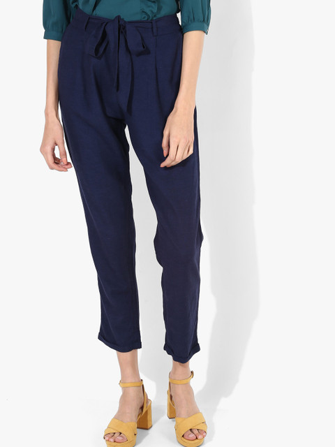 

People Women Navy Blue Regular Fit Solid Regular Trousers