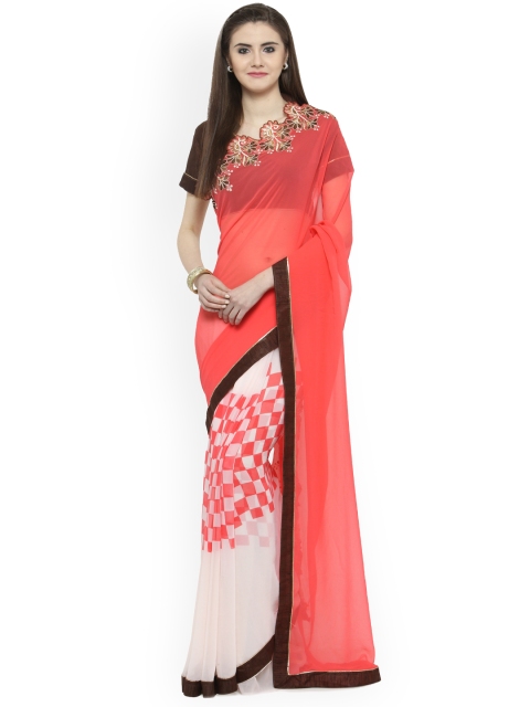 

Shaily Peach-Coloured & Off-White Pure Georgette Printed Saree