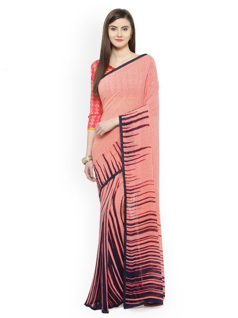 

Shaily Peach-Coloured & Blue Pure Georgette Printed Saree