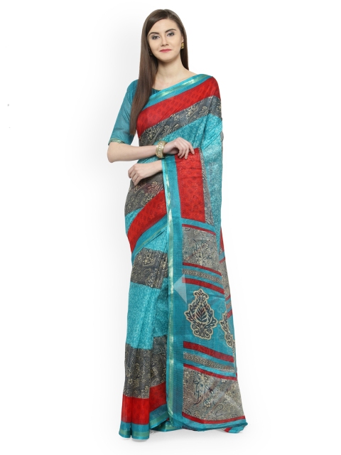 

Shaily Red & Blue Silk Cotton Printed Saree