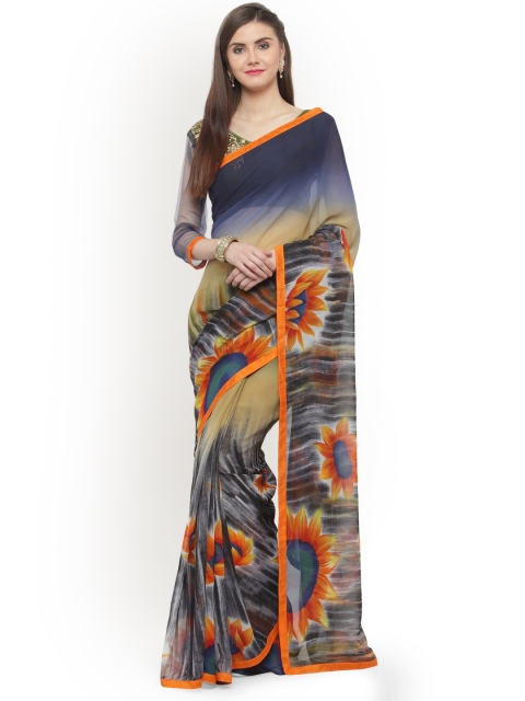 

Shaily Navy Blue & Beige Pure Georgette Printed Saree