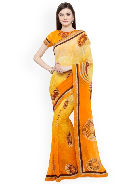 

Shaily Yellow Printed Satin Saree