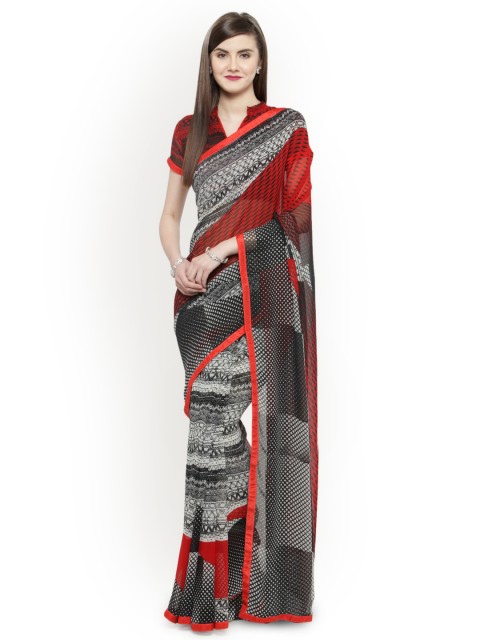 

Shaily Grey & Red Pure Georgette Printed Saree