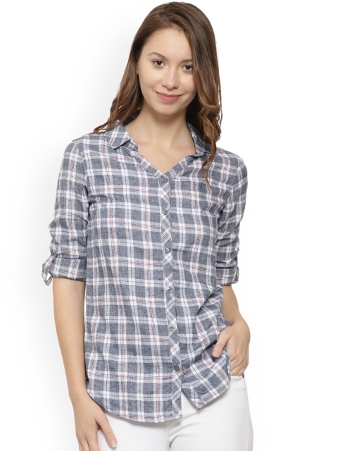 

Campus Sutra Women Blue & Off-White Regular Fit Checked Casual Shirt