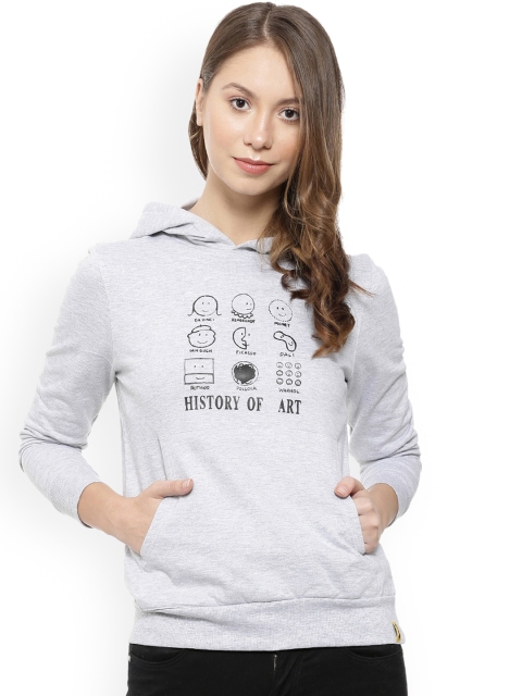 

Campus Sutra Women Grey Melange Printed Hooded Sweatshirt