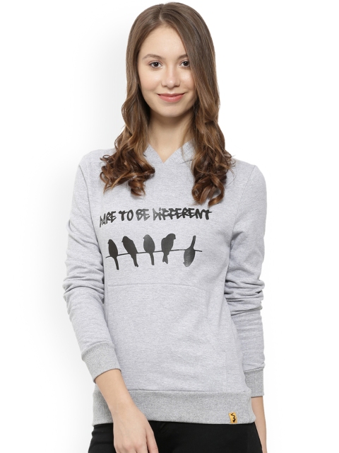 

Campus Sutra Women Grey Melange Printed Hooded Sweatshirt