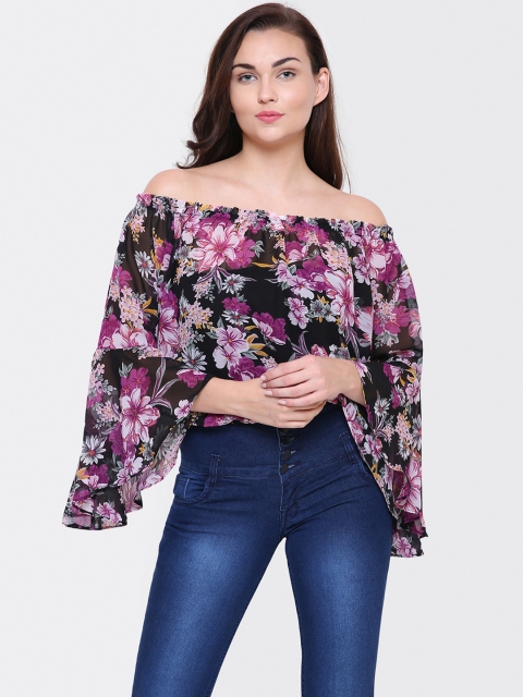 

Yaadleen Women Black & Pink Floral Print Sheer Bardot Top