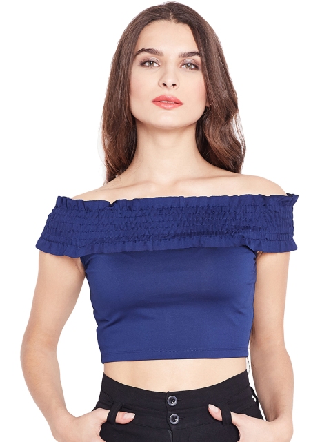 

Purplicious Women Blue Solid Bardot Top