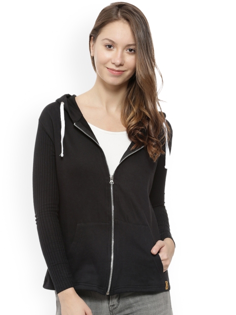 

Campus Sutra Women Black Solid Hooded Sweatshirt