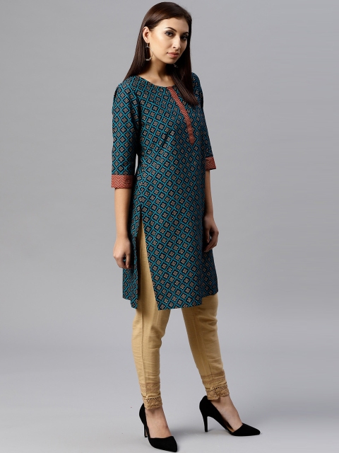 

Juniper Women Navy Blue & Golden Printed Straight Kurta