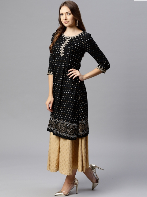 

Juniper Women Black & Golden Printed A-Line Kurta