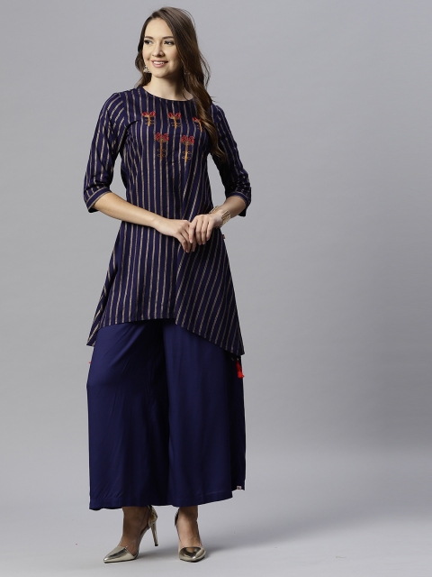 

Juniper Women Navy Blue & Golden Striped A-Line Kurta
