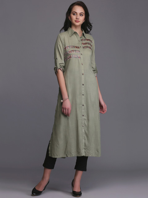 

Ojjasvi Women Olive Green Solid Straight Kurta