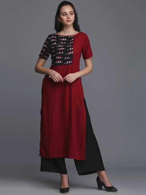 

Ojjasvi Women Maroon & Black Printed Straight Kurta
