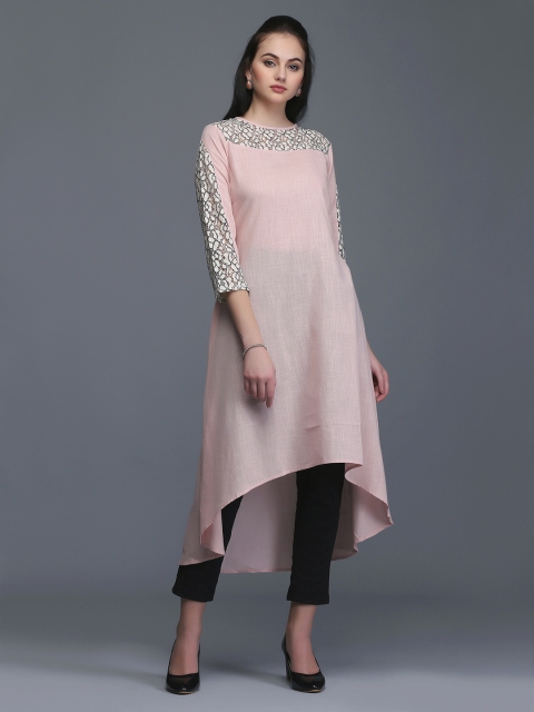 

Ojjasvi Women Light Pink Woven Design A-Line Kurta