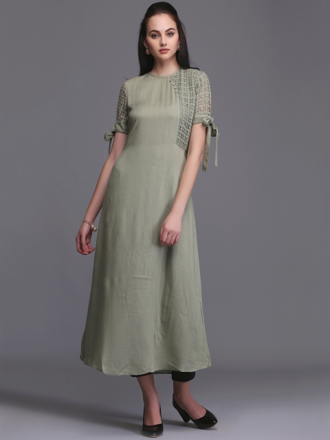 

Ojjasvi Women Olive Green Solid A-Line Kurta