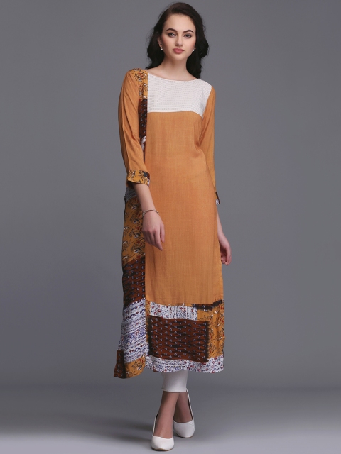 

Ojjasvi Women Mustard Brown Printed Straight Kurta