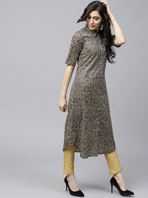 

AKS Women Black & Beige Printed Straight Kurta