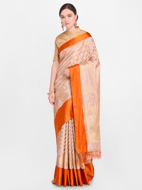 

Varkala Silk Sarees Pink & Orange Silk Blend Woven Design Leheriya Saree