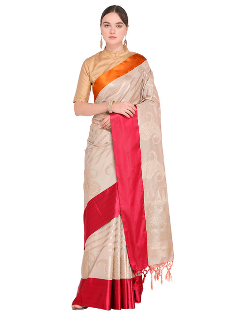 

Varkala Silk Sarees Off-White & Orange Silk Blend Woven Design Leheriya Saree