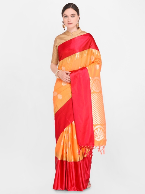 

Varkala Silk Sarees Orange & Red Silk Blend Woven Design Kanjeevaram Saree