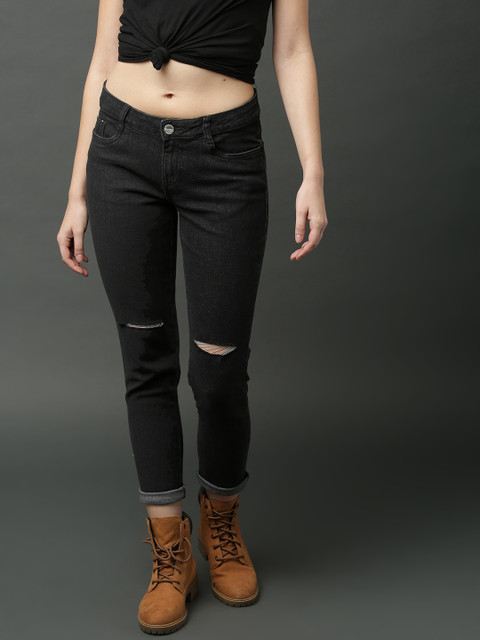 

Roadster Women Black Skinny Fit Mid-Rise Slash Knee Stretchable Cropped Jeans
