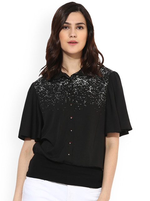 

Magzayra Women Black Printed Shirt Style Top