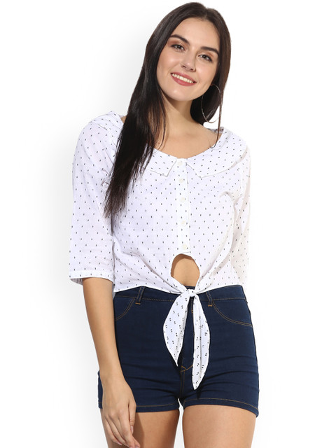 

Magzayra Women White Printed Shirt Style Crop Top