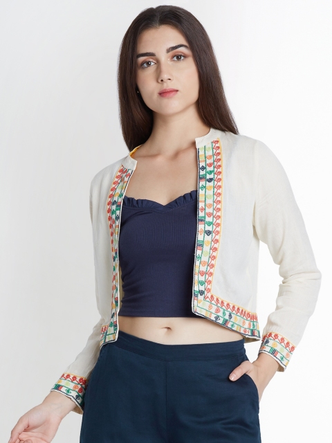 

AKKRITI BY PANTALOONS Women Off-White Self Design Open Front Jacket
