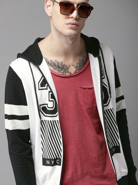 

Moda Rapido Men White & Black Printed Hooded Sweatshirt