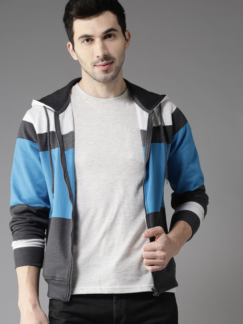 

Moda Rapido Men Blue & Charcoal Grey Colourblocked Hooded Sweatshirt
