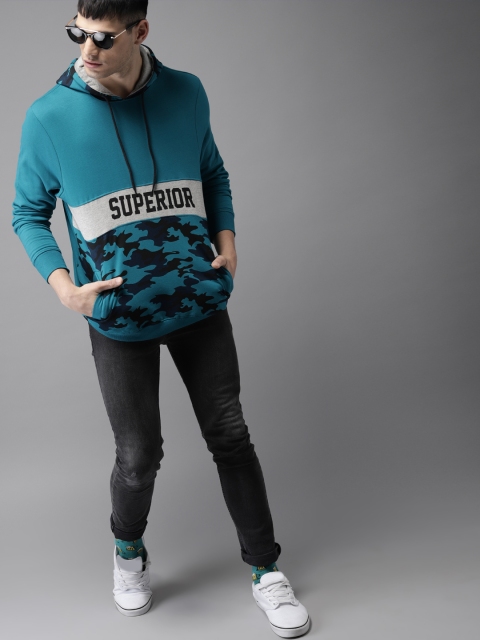 

Moda Rapido Men Teal Blue Camouflage Printed Hooded Sweatshirt