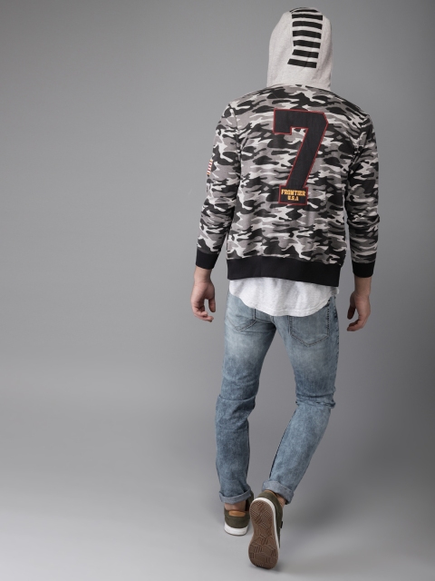 

Moda Rapido Men Grey & Black Camouflage Printed Hooded Sweatshirt