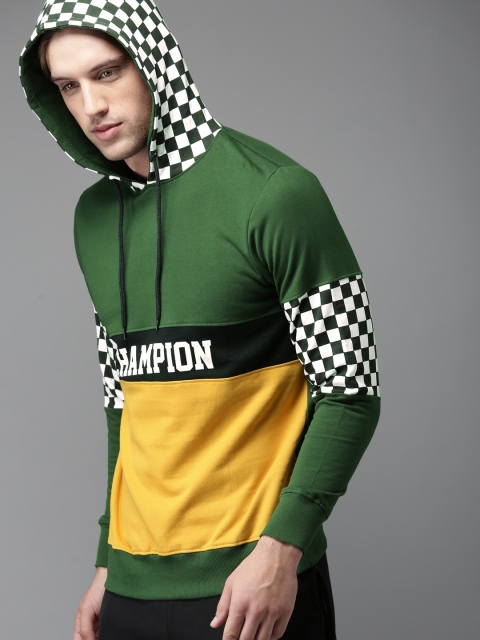 

Moda Rapido Men Green & Mustard Colourblocked Hooded Sweatshirt