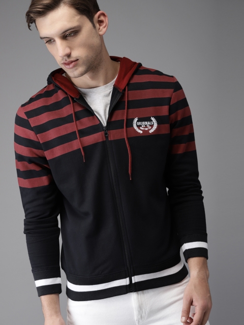 

Moda Rapido Men Black & Rust Orange Striped Hooded Sweatshirt