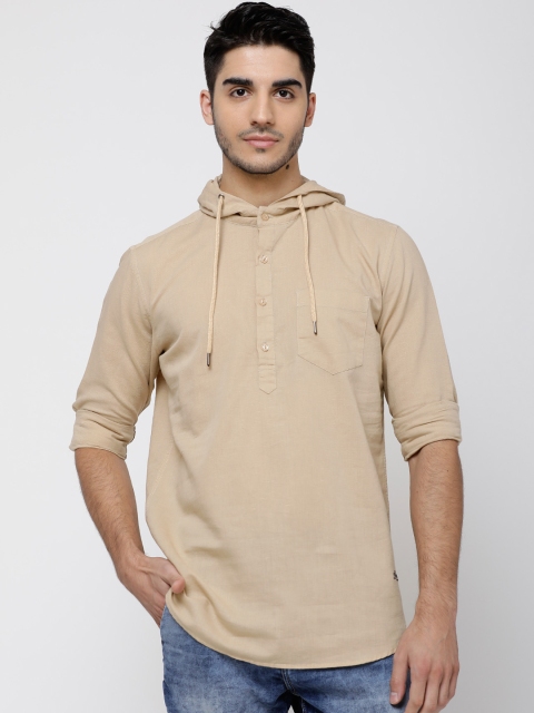 

LOCOMOTIVE Men Beige Slim Fit Solid Casual Hooded Shirt