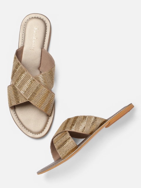 

DressBerry Women Gold-Toned & Beige Woven Design Open Toe Flats