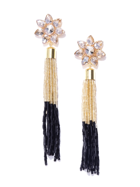 

Jewels Galaxy Black Gold-Plated Stone-Studded Handcrafted Tasselled Floral Drop Earrings