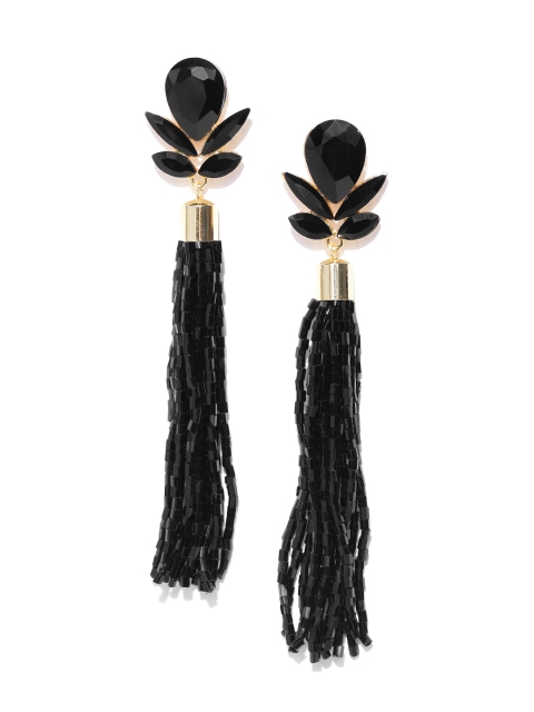 

Jewels Galaxy Black Gold-Plated Stone-Studded Handcrafted Tasselled Drop Earrings