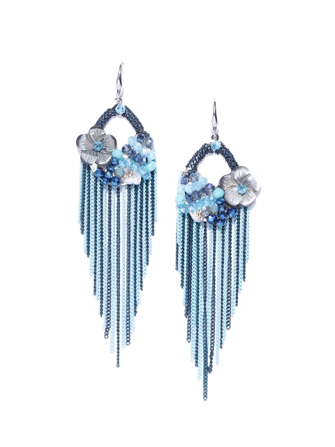 

Jewels Galaxy Blue Silver-Plated Beaded Tasselled Handcrafted Drop Earrings