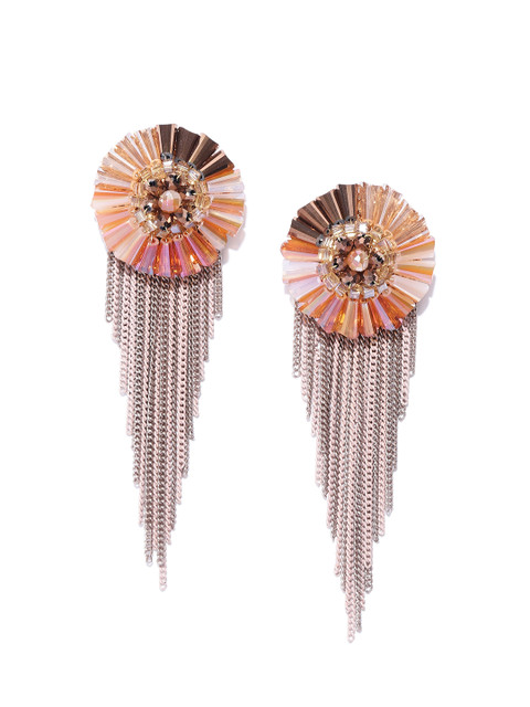 

Jewels Galaxy Orange & Beige Gold-Plated Beaded Tasselled Handcrafted Drop Earrings