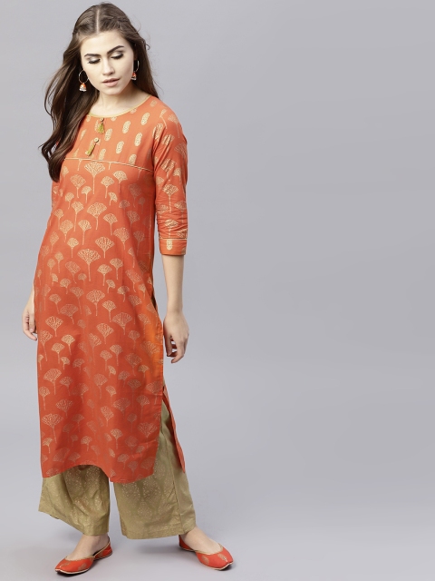 

AKS Women Orange & Golden Printed Straight Kurta