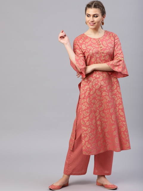 

AKS Women Peach-Coloured & Golden Printed Straight Kurta