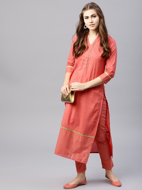 

AKS Women Peach-Coloured & Golden Printed Straight Kurta