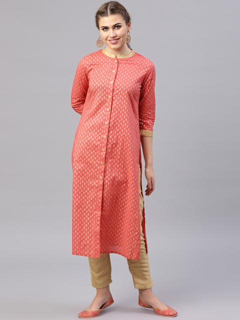

AKS Women Peach-Coloured & Golden Printed Straight Kurta